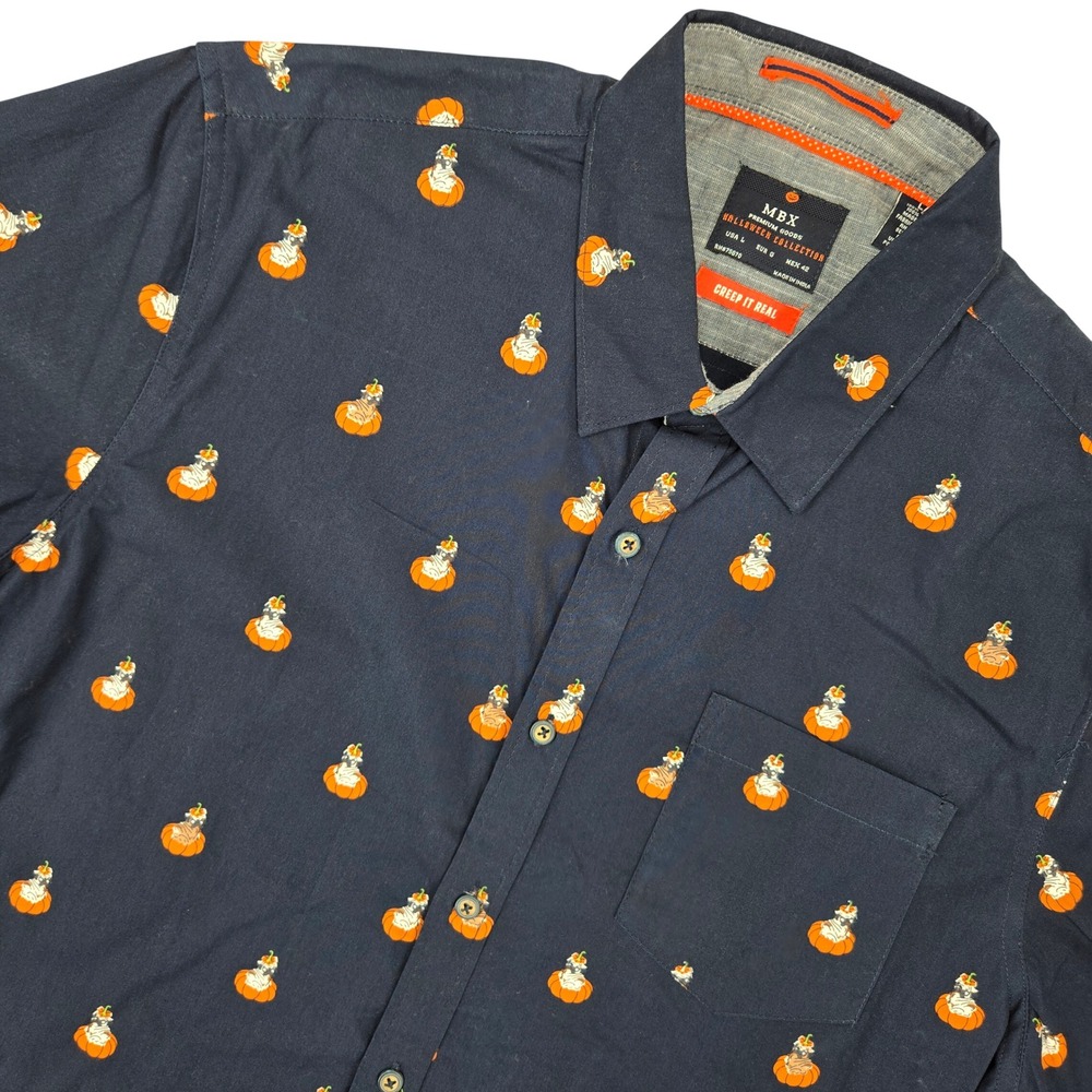 MBX Mens Large Short Sleeve Halloween Pug Mummy Pumpkin Button Down Shirt Navy
